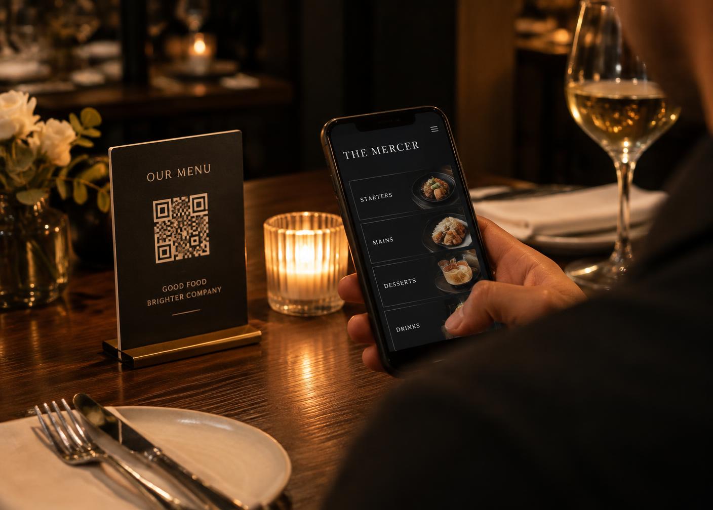 Gast scannt einen QR-Aufsteller am Tisch und sieht die digitale Speisekarte