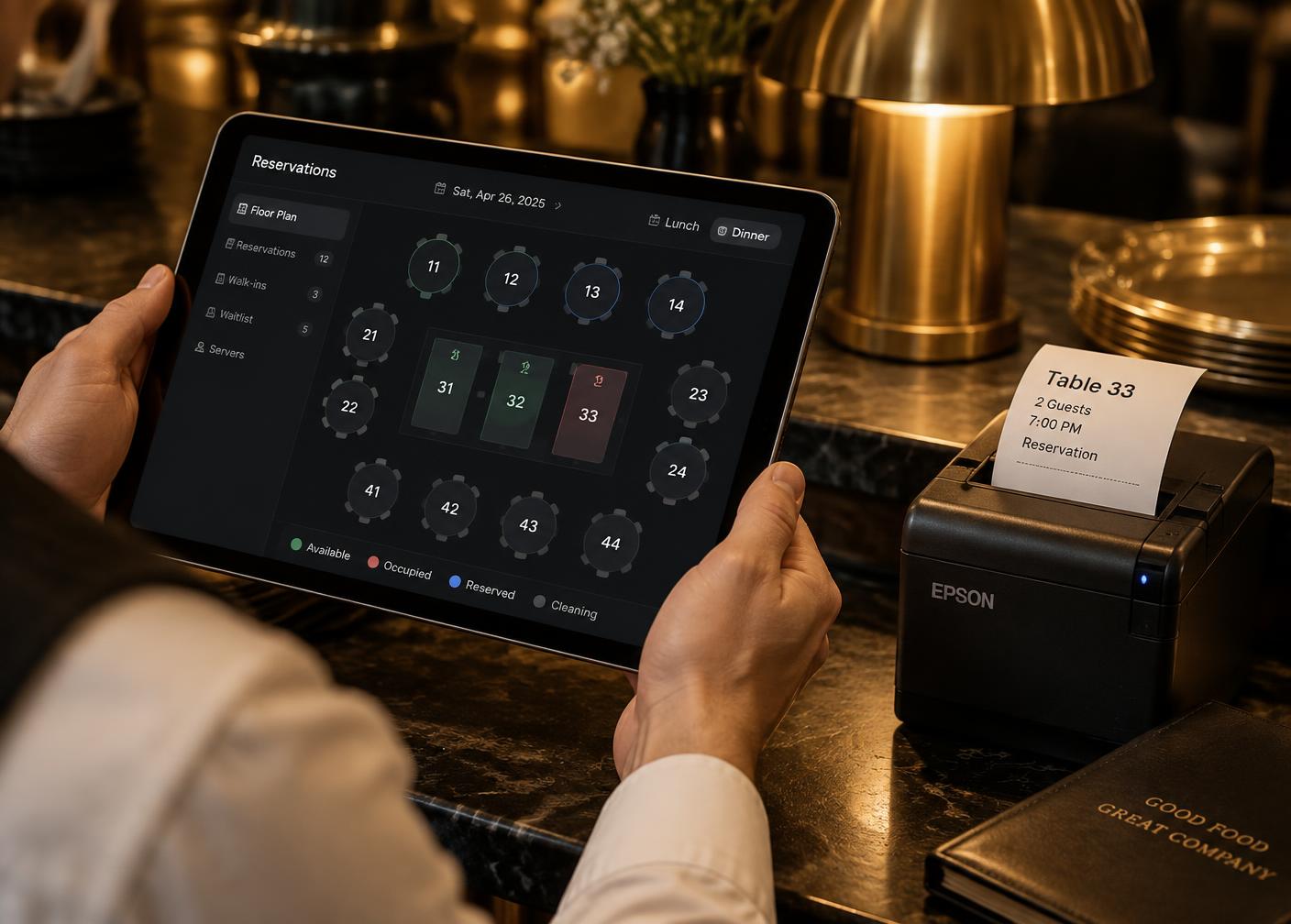 Tischplan auf einem iPad neben einem Bondrucker mit gedrucktem Reservierungsbon